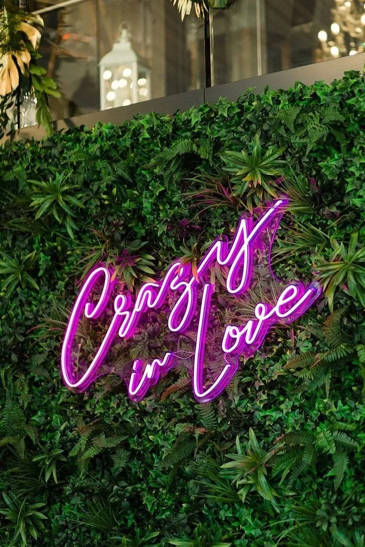 Pink Crazy in Love lettering against a green wall