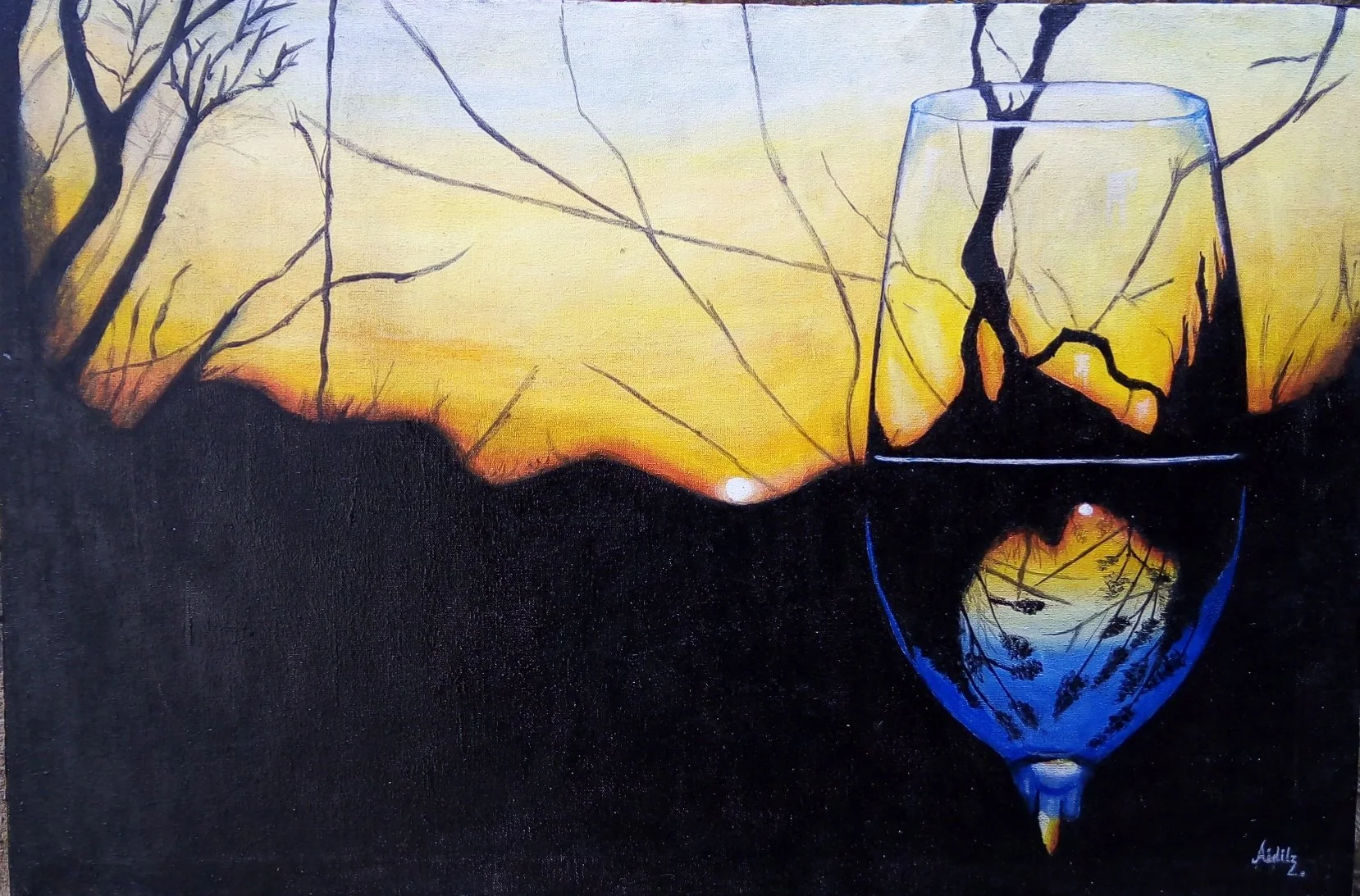 Hand Painted: Realism- Wine Glass at Sunset